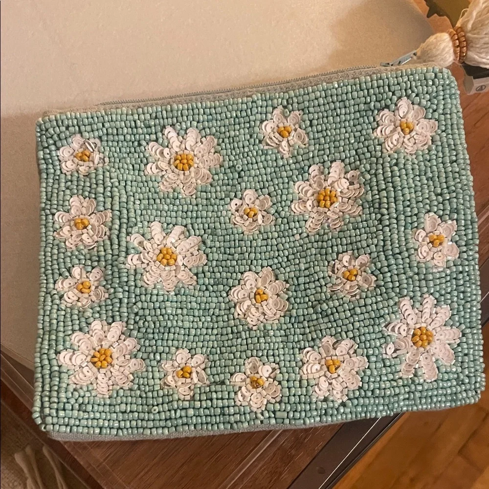 Beaded Denim Daisy Cosmetic Pouch in Mint Green